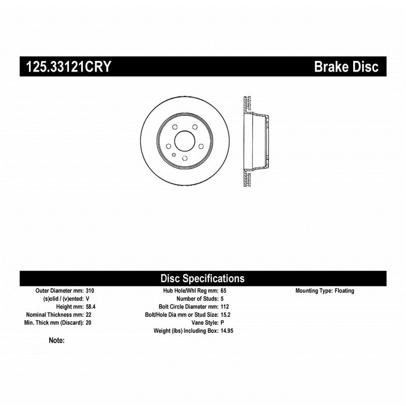 Stoptech Centric 08-15 Audi TT Quattro Premium Rear CryoStop Brake Rotor