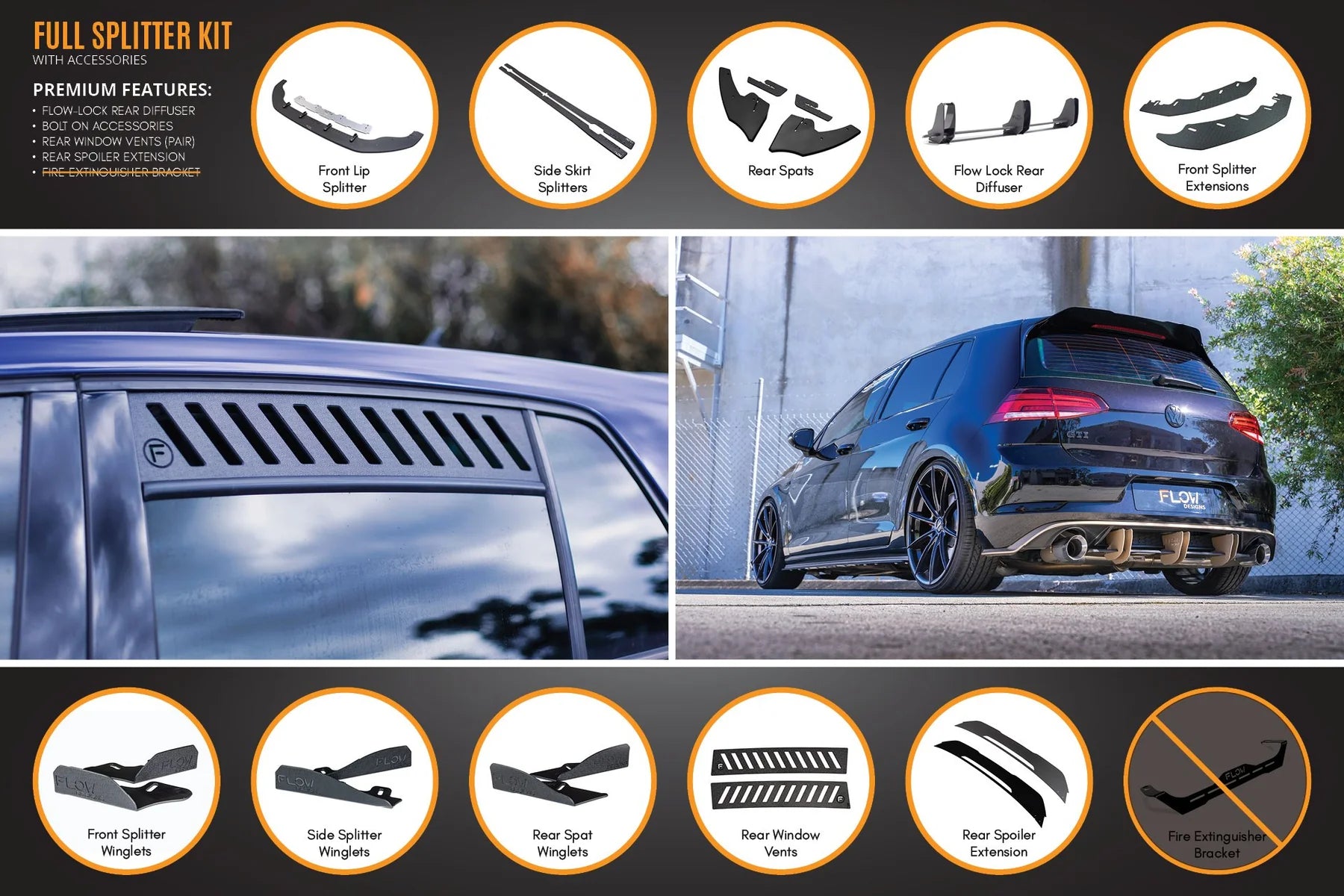 Flow Designs Full Splitter Set With Flow-Lock Rear Diffuser - MK7 GTI