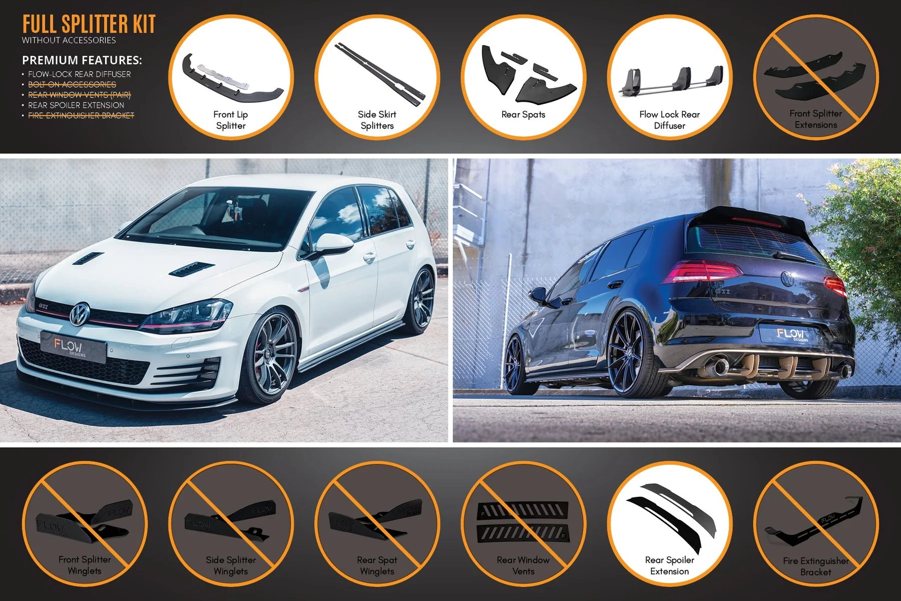 Flow Designs Full Splitter Set With Flow-Lock Rear Diffuser - MK7 GTI