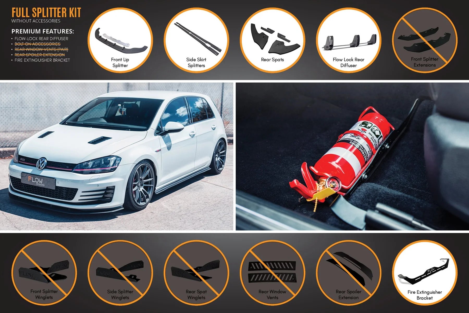 Flow Designs Full Splitter Set With Flow-Lock Rear Diffuser - MK7 GTI