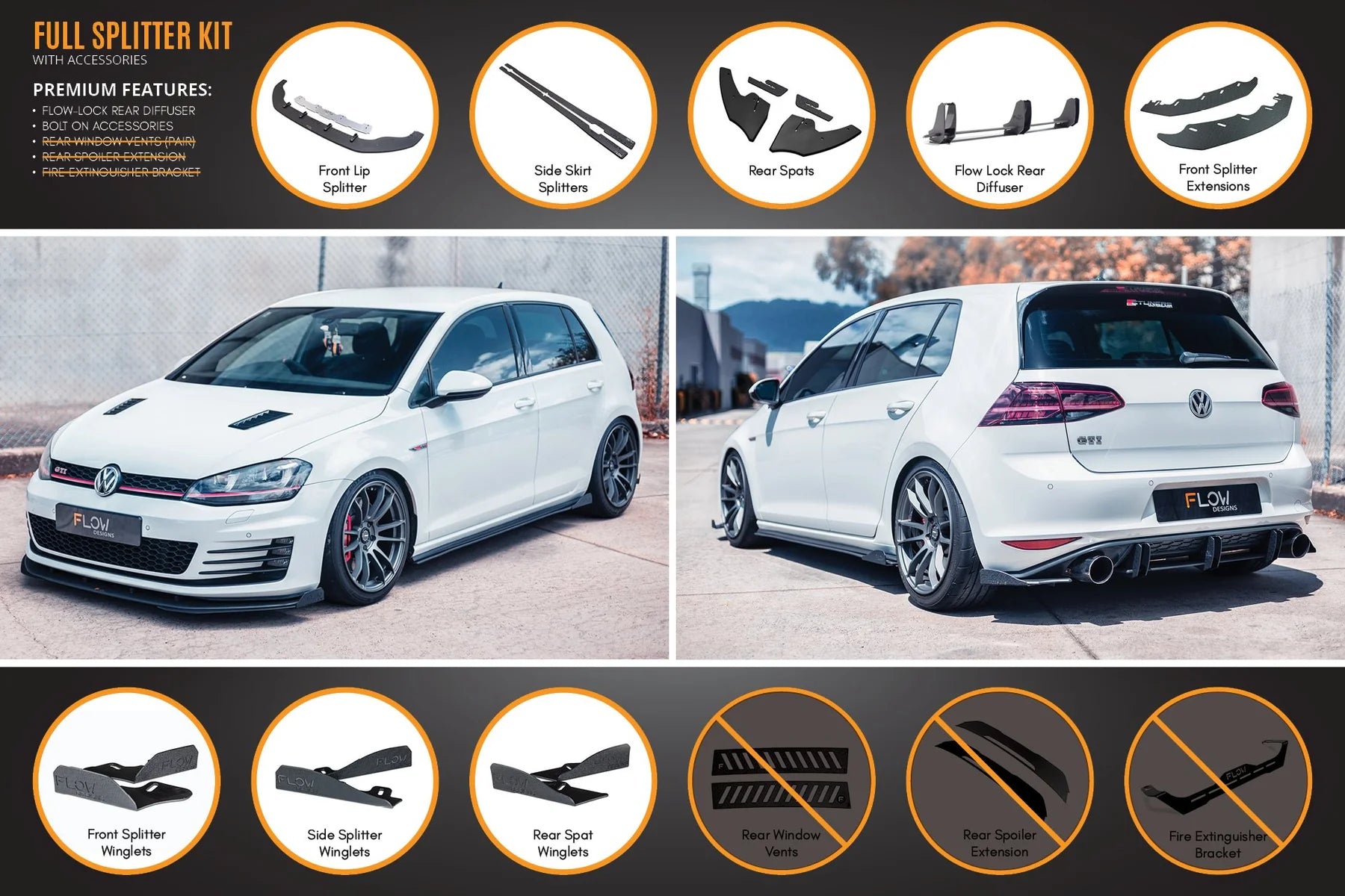Flow Designs Full Splitter Set With Flow-Lock Rear Diffuser - MK7 GTI