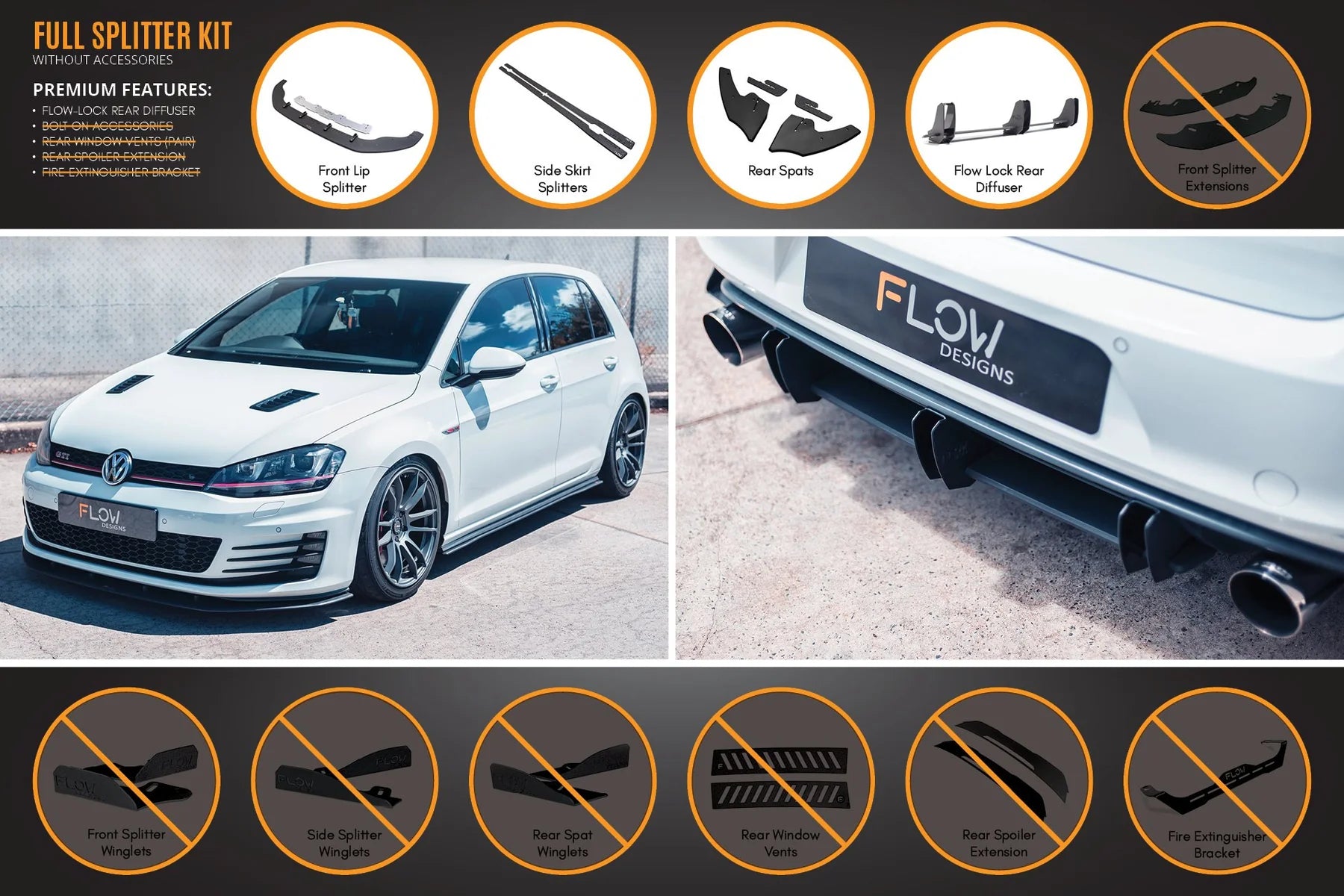 Flow Designs Full Splitter Set With Flow-Lock Rear Diffuser - MK7 GTI