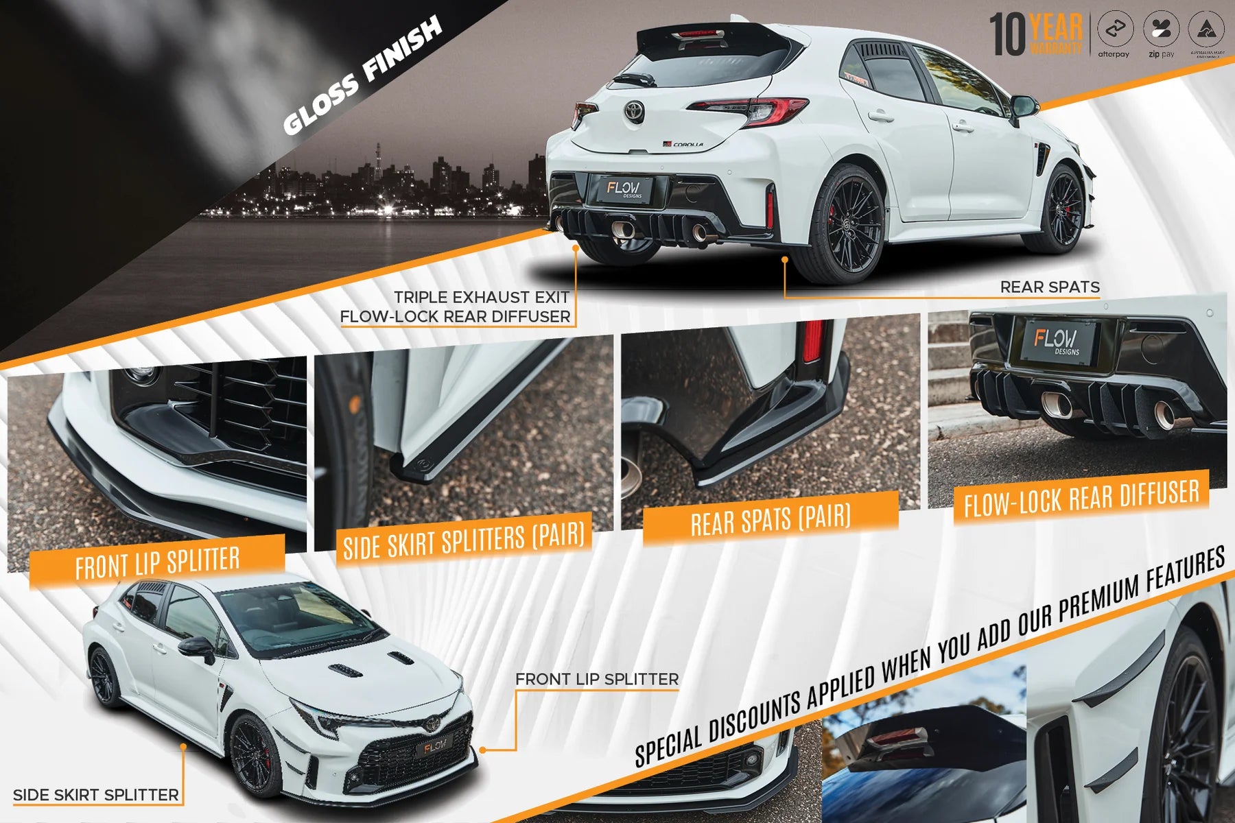 Flow Designs Full Lip Splitter Set Gloss Black - Toyota GR Corolla