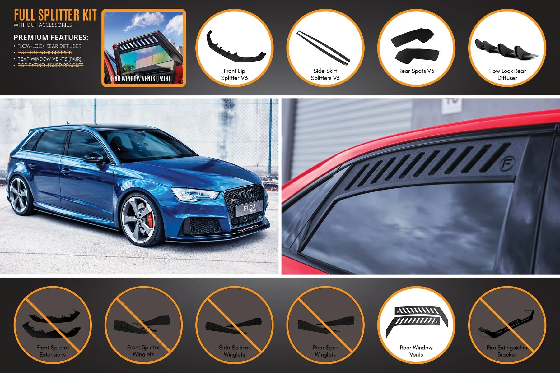 Flow Designs Full Splitter Set - 8V RS3 Sportback (Pre-Face Lift)