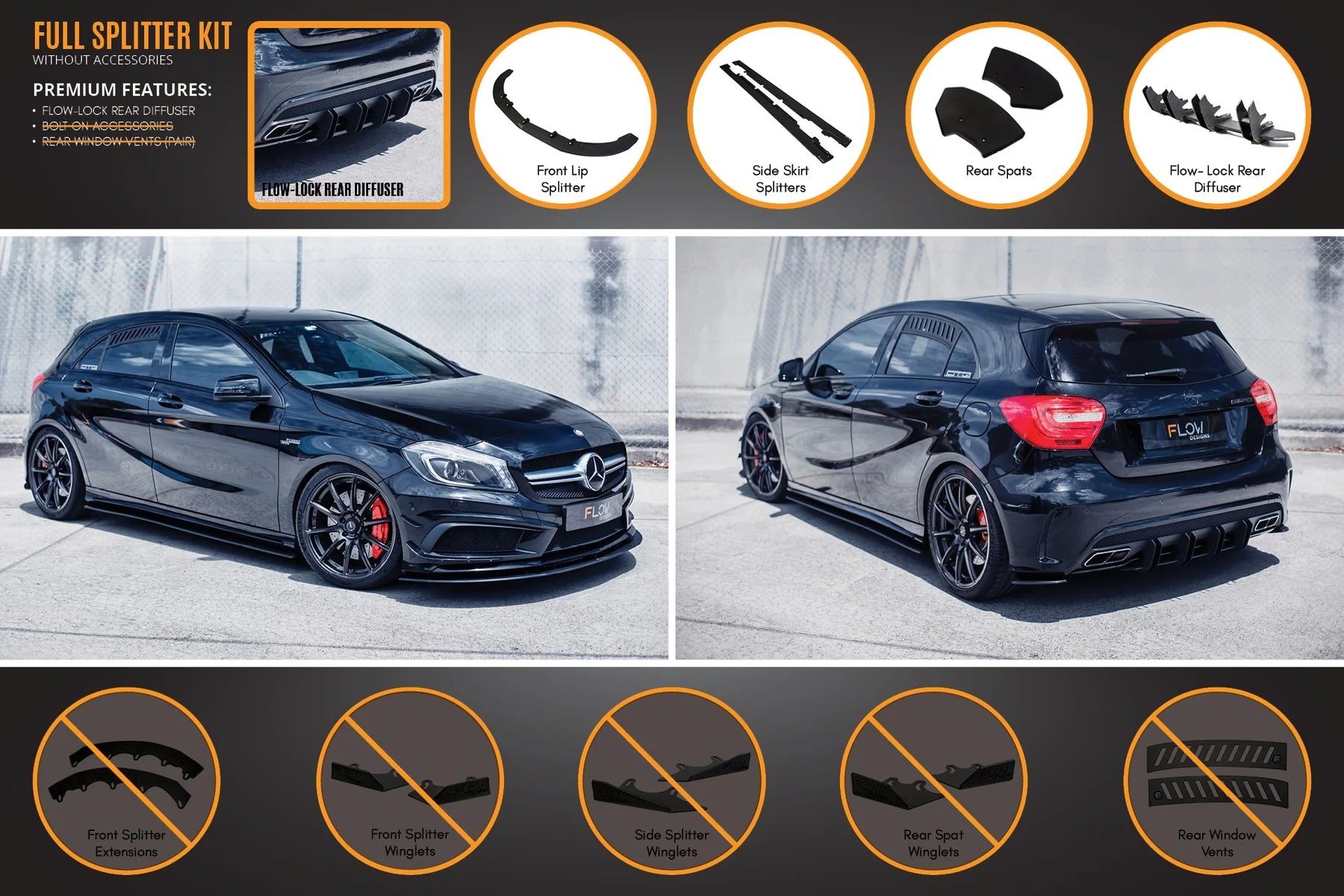 Flow Designs Full Splitter Set - W176 A45 AMG (Pre-Face Lift)