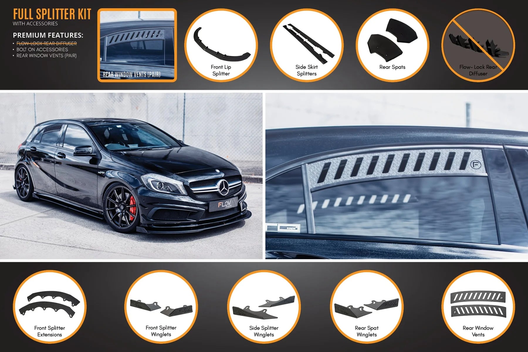 Flow Designs Full Splitter Set - W176 A45 AMG (Pre-Face Lift)