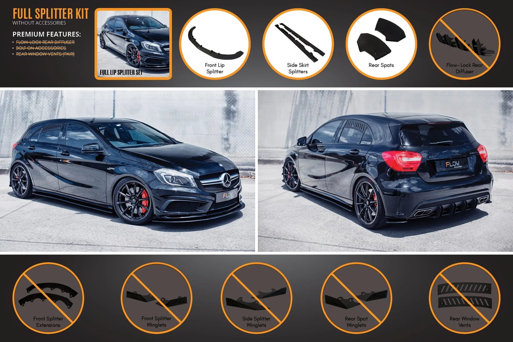 Flow Designs Full Splitter Set - W176 A45 AMG (Pre-Face Lift)