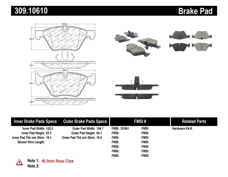 Stoptech Centric 90-98 Saab 9000 Posi-Quiet Ceramic Brake Pads w/Shims & Hardware - Front