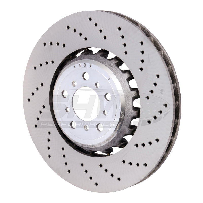 SHW Performance 13-16 BMW M5 4.4L Right Front Cross-Drilled Lightweight Brake Rotor (34112284102)