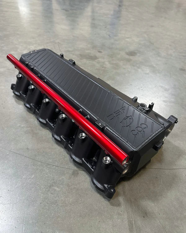 CSF Toyota / BMW B58 Charge-Air Cooler Manifold - Thermal Black w/ Candy Apple Red Fuel Rails
