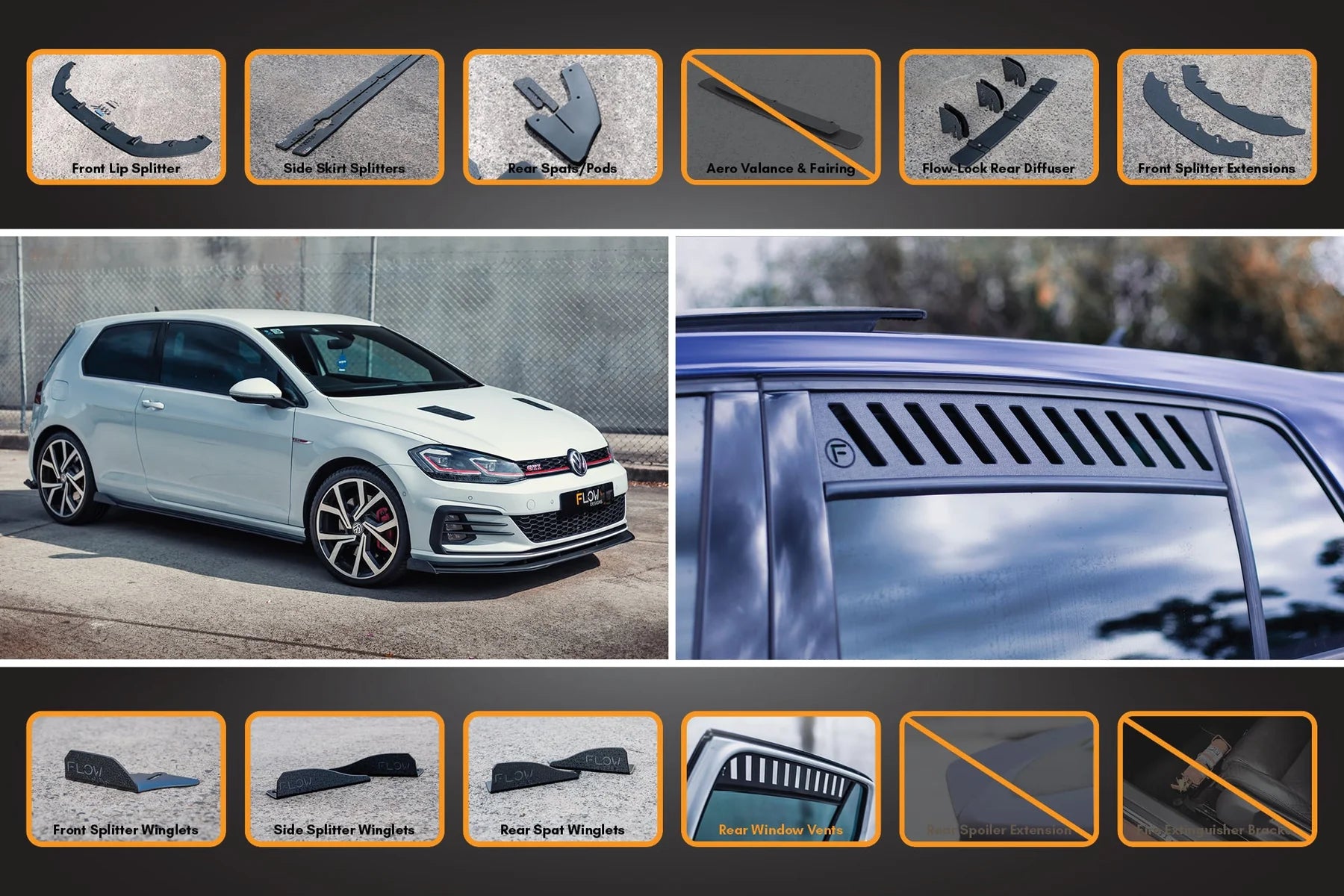 Flow Designs Full Splitter Set With Flow-Lock Rear Diffuser - MK7.5 GTI