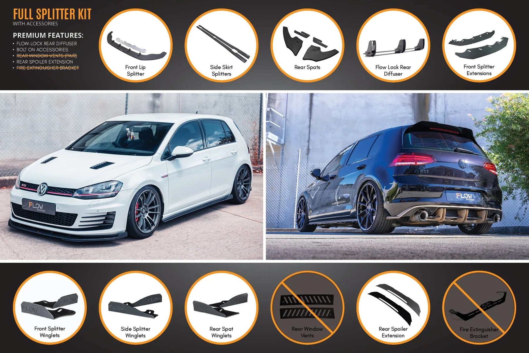 Flow Designs Full Splitter Set With Flow-Lock Rear Diffuser - MK7 GTI