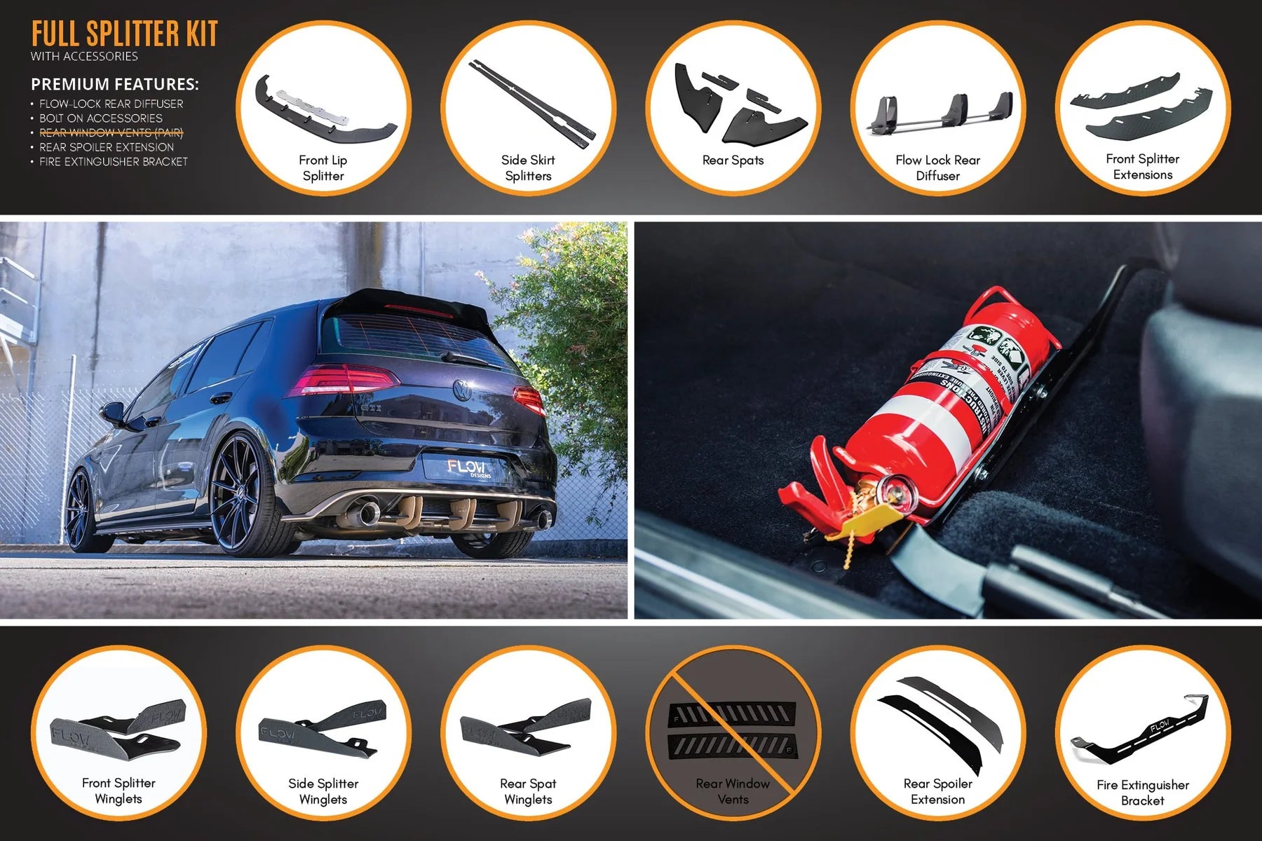 Flow Designs Full Splitter Set With Flow-Lock Rear Diffuser - MK7 GTI