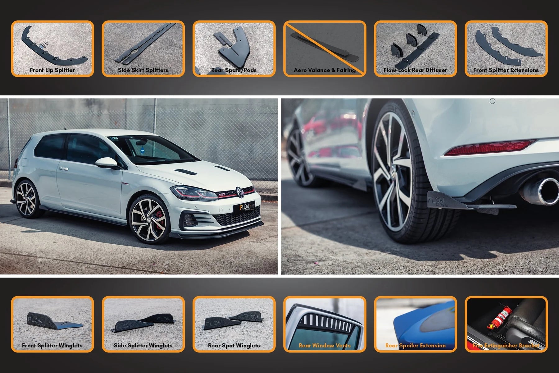 Flow Designs Full Splitter Set With Flow-Lock Rear Diffuser - MK7.5 GTI