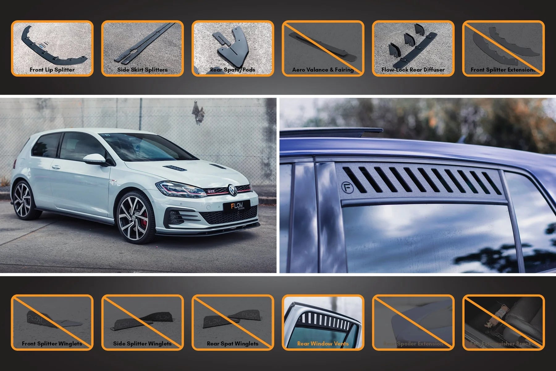 Flow Designs Full Splitter Set With Flow-Lock Rear Diffuser - MK7.5 GTI