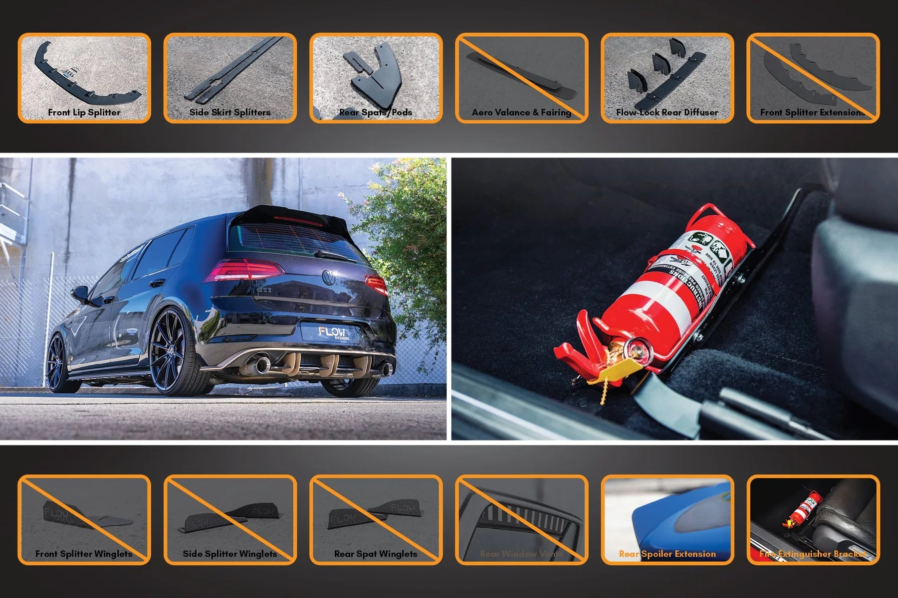 Flow Designs Full Splitter Set With Flow-Lock Rear Diffuser - MK7.5 GTI