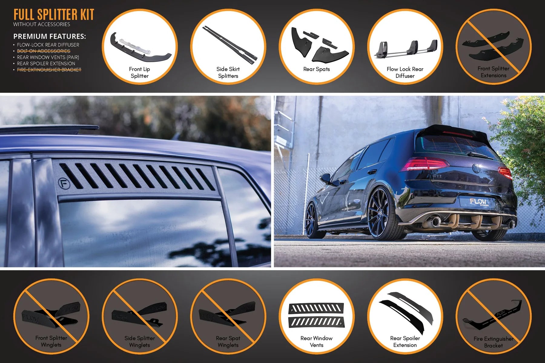 Flow Designs Full Splitter Set With Flow-Lock Rear Diffuser - MK7 GTI