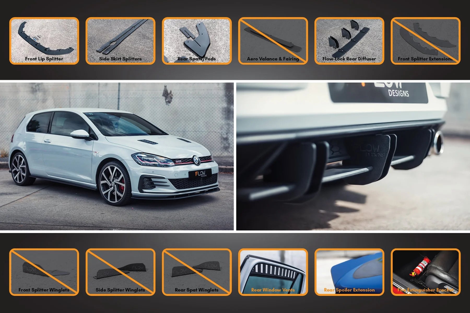 Flow Designs Full Splitter Set With Flow-Lock Rear Diffuser - MK7.5 GTI