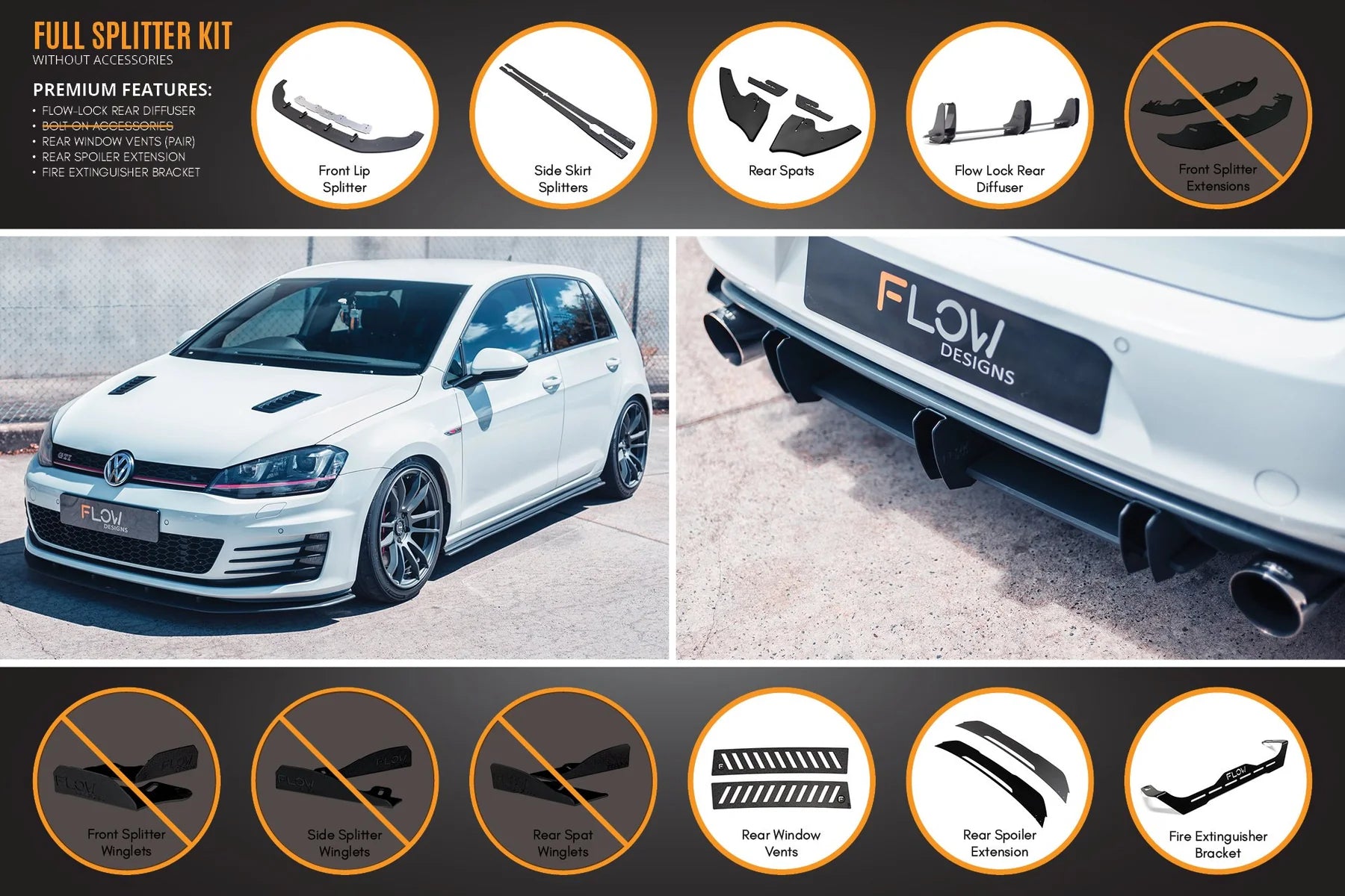 Flow Designs Full Splitter Set With Flow-Lock Rear Diffuser - MK7 GTI