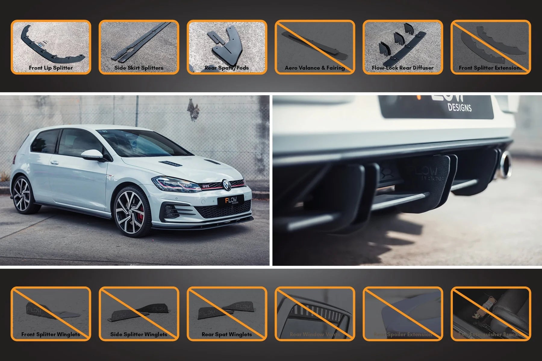 Flow Designs Full Splitter Set With Flow-Lock Rear Diffuser - MK7.5 GTI