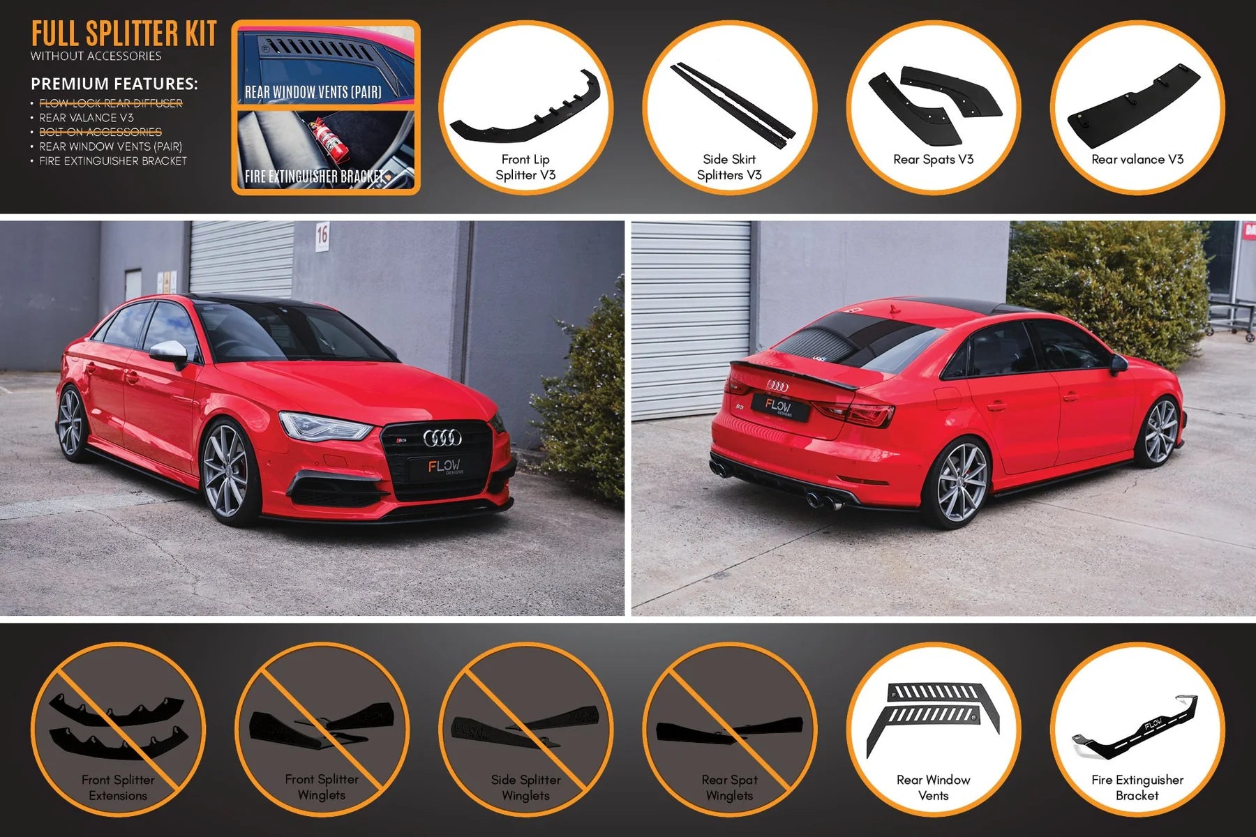 Flow Designs Full Splitter Set - 8V S3 Sedan (Pre-Face Lift)