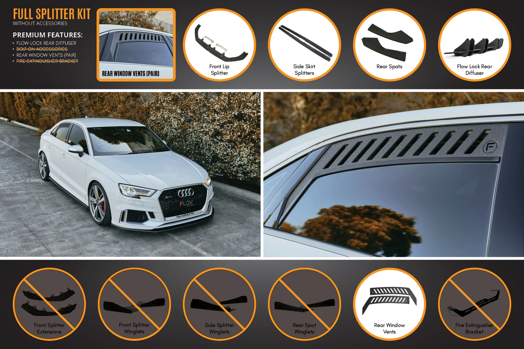 Flow Designs Full Splitter Set - 8V.5 RS3 Sedan (Face Lift)