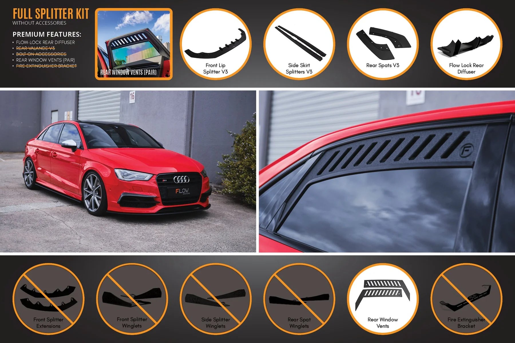Flow Designs Full Splitter Set - 8V S3 Sedan (Pre-Face Lift)