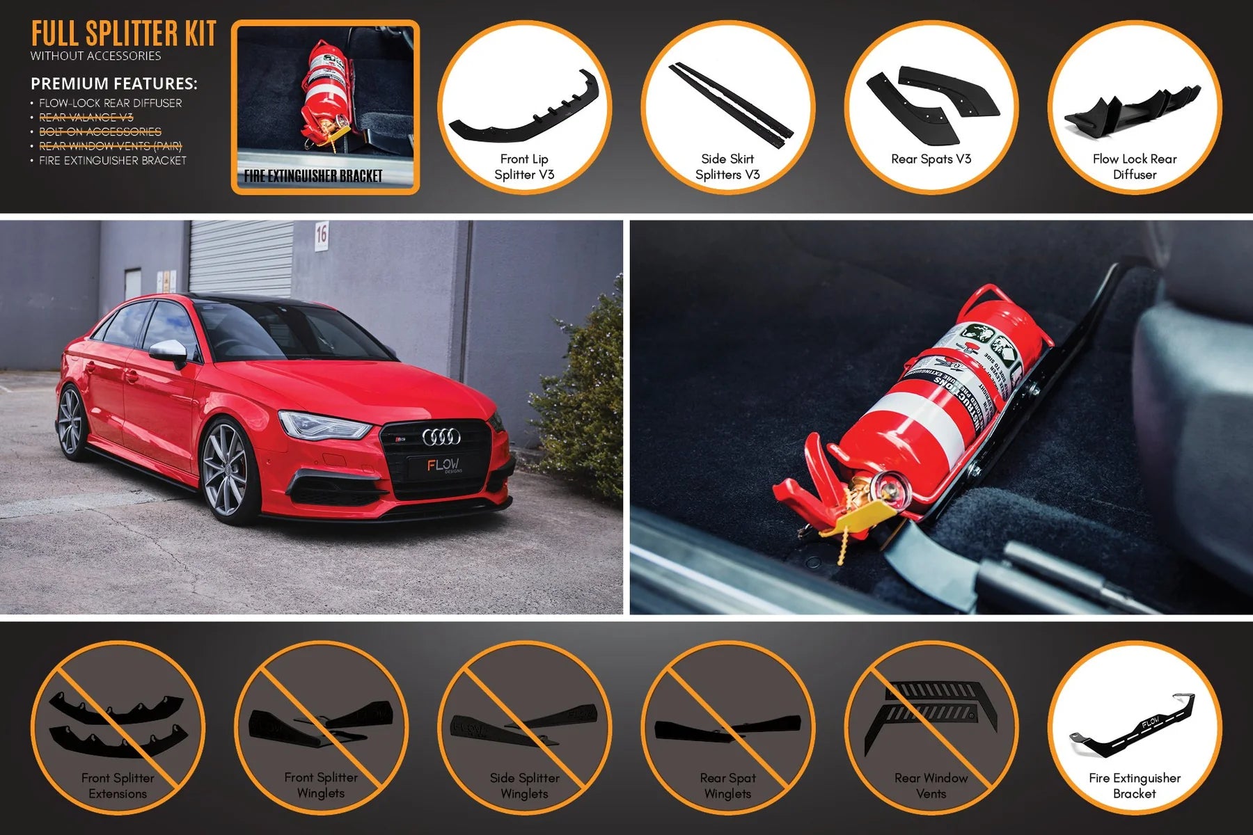 Flow Designs Full Splitter Set - 8V S3 Sedan (Pre-Face Lift)