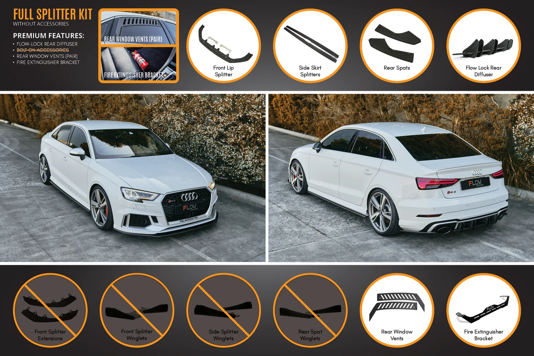 Flow Designs Full Splitter Set - 8V.5 RS3 Sedan (Face Lift)