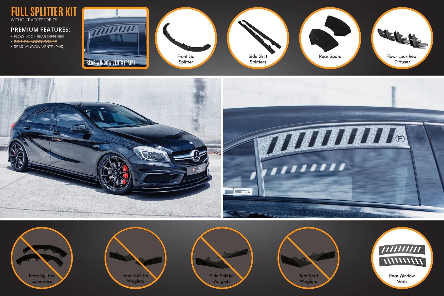 Flow Designs Full Splitter Set - W176 A45 AMG (Pre-Face Lift)