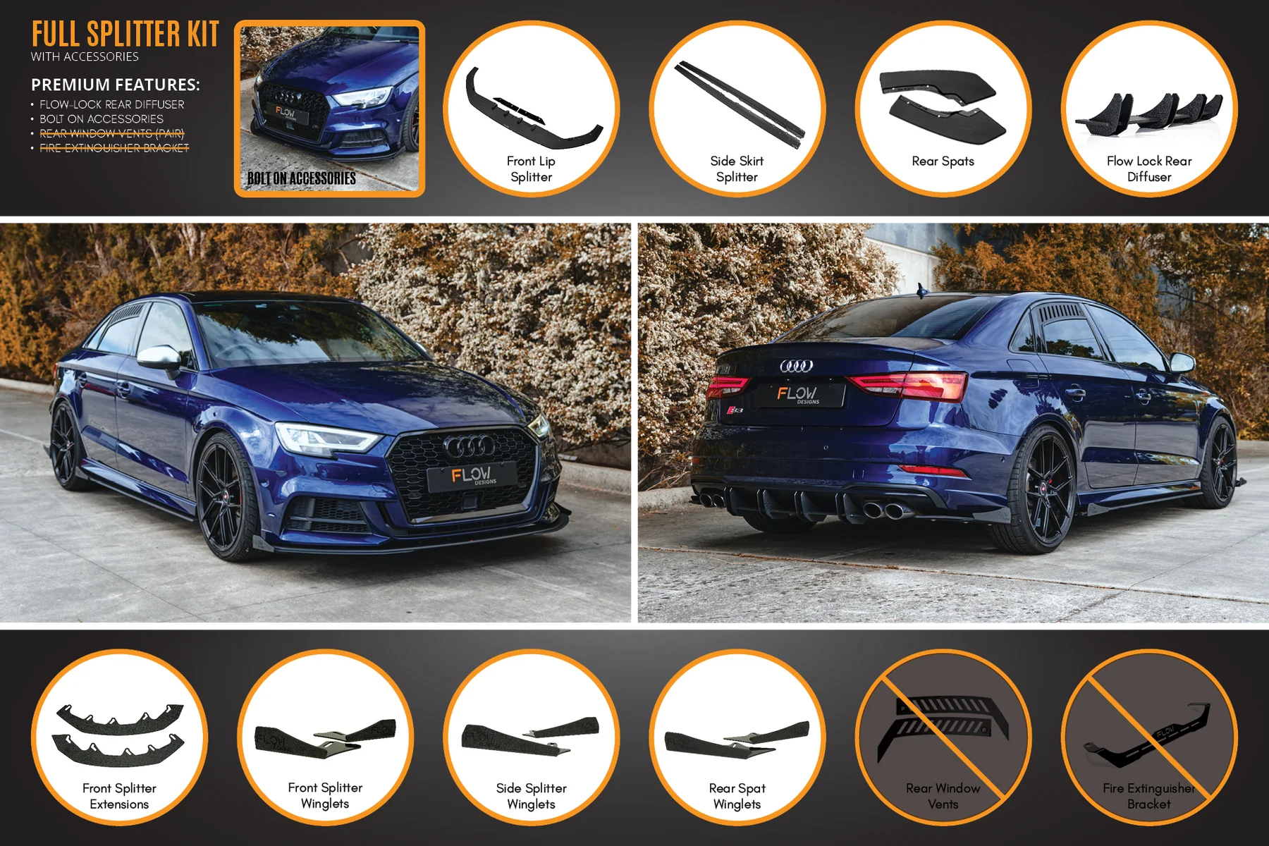 Flow Designs Full Splitter Set - 8V.5 S3 Sedan (Face Lift)