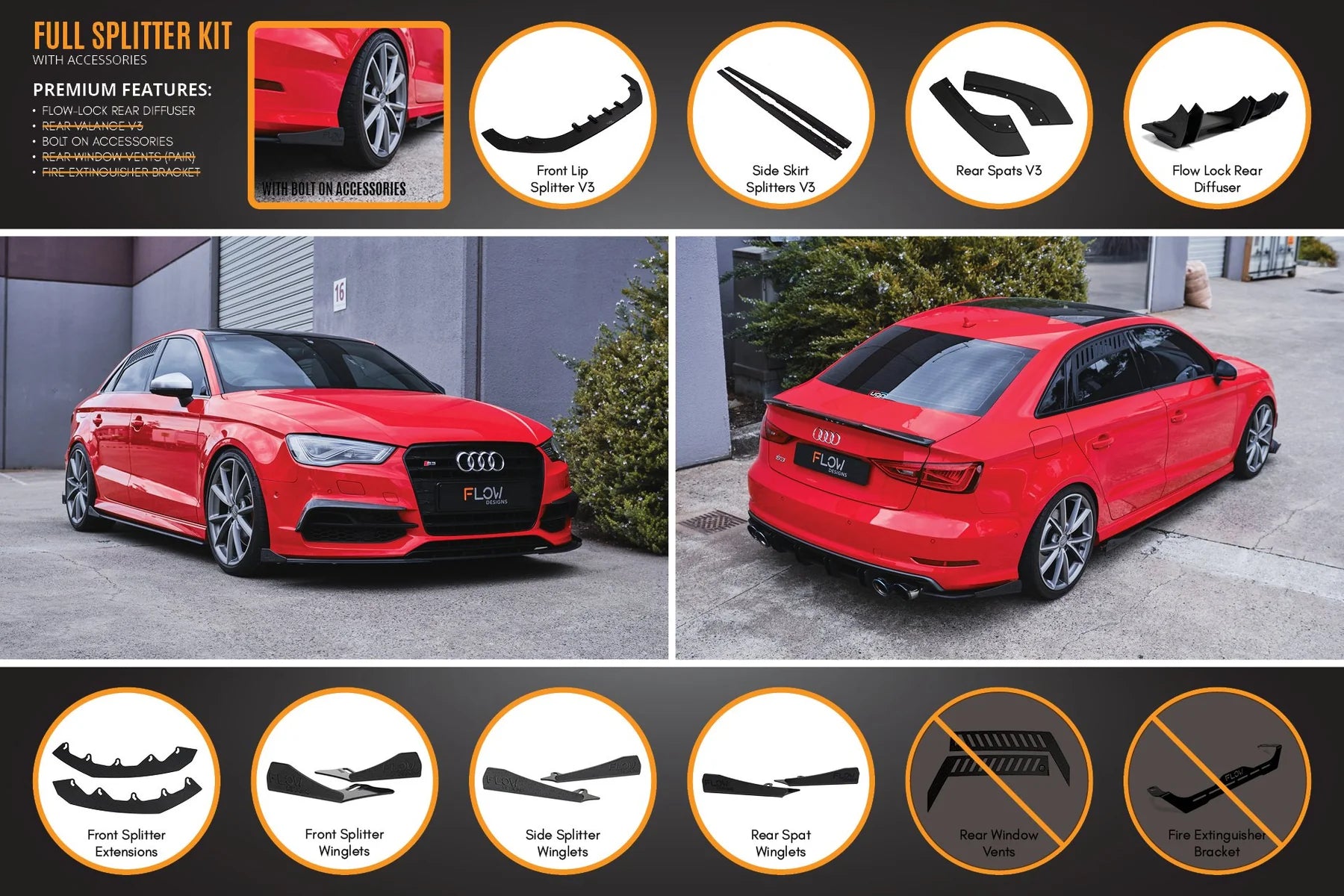 Flow Designs Full Splitter Set - 8V S3 Sedan (Pre-Face Lift)