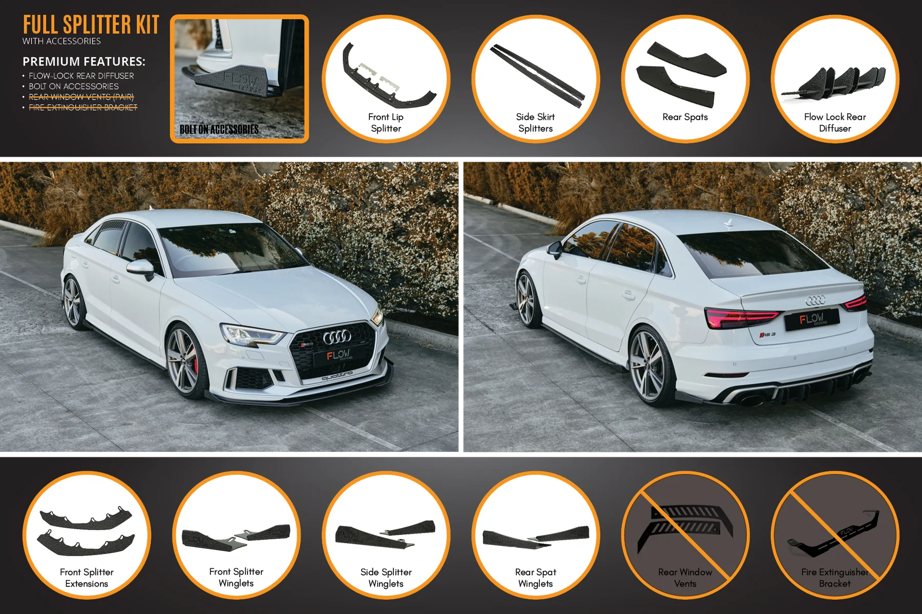 Flow Designs Full Splitter Set - 8V.5 RS3 Sedan (Face Lift)