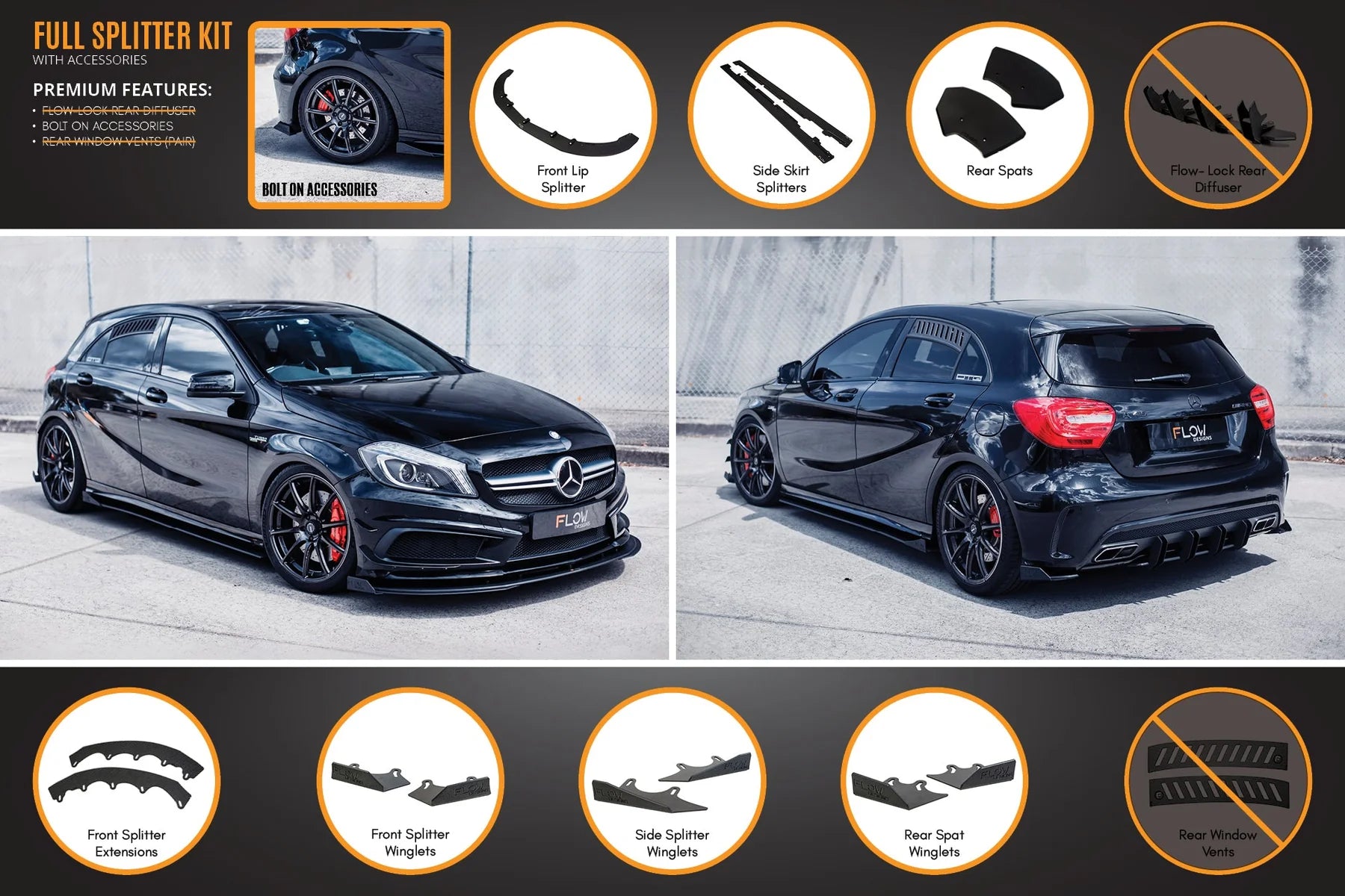 Flow Designs Full Splitter Set - W176 A45 AMG (Pre-Face Lift)
