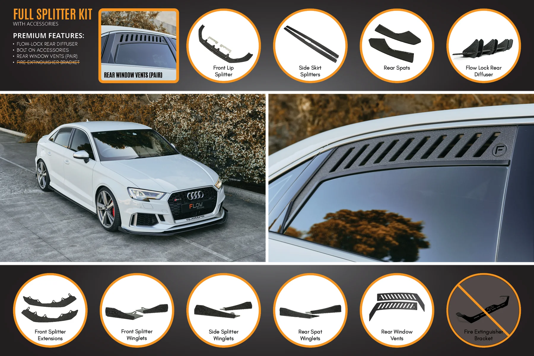 Flow Designs Full Splitter Set - 8V.5 RS3 Sedan (Face Lift)