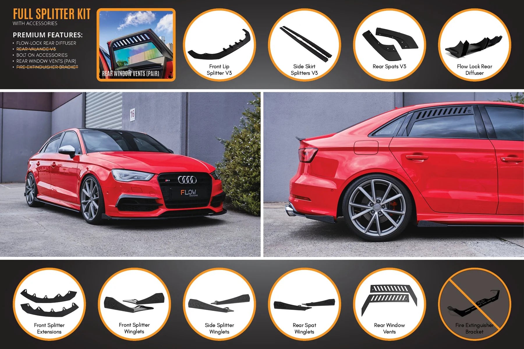 Flow Designs Full Splitter Set - 8V S3 Sedan (Pre-Face Lift)