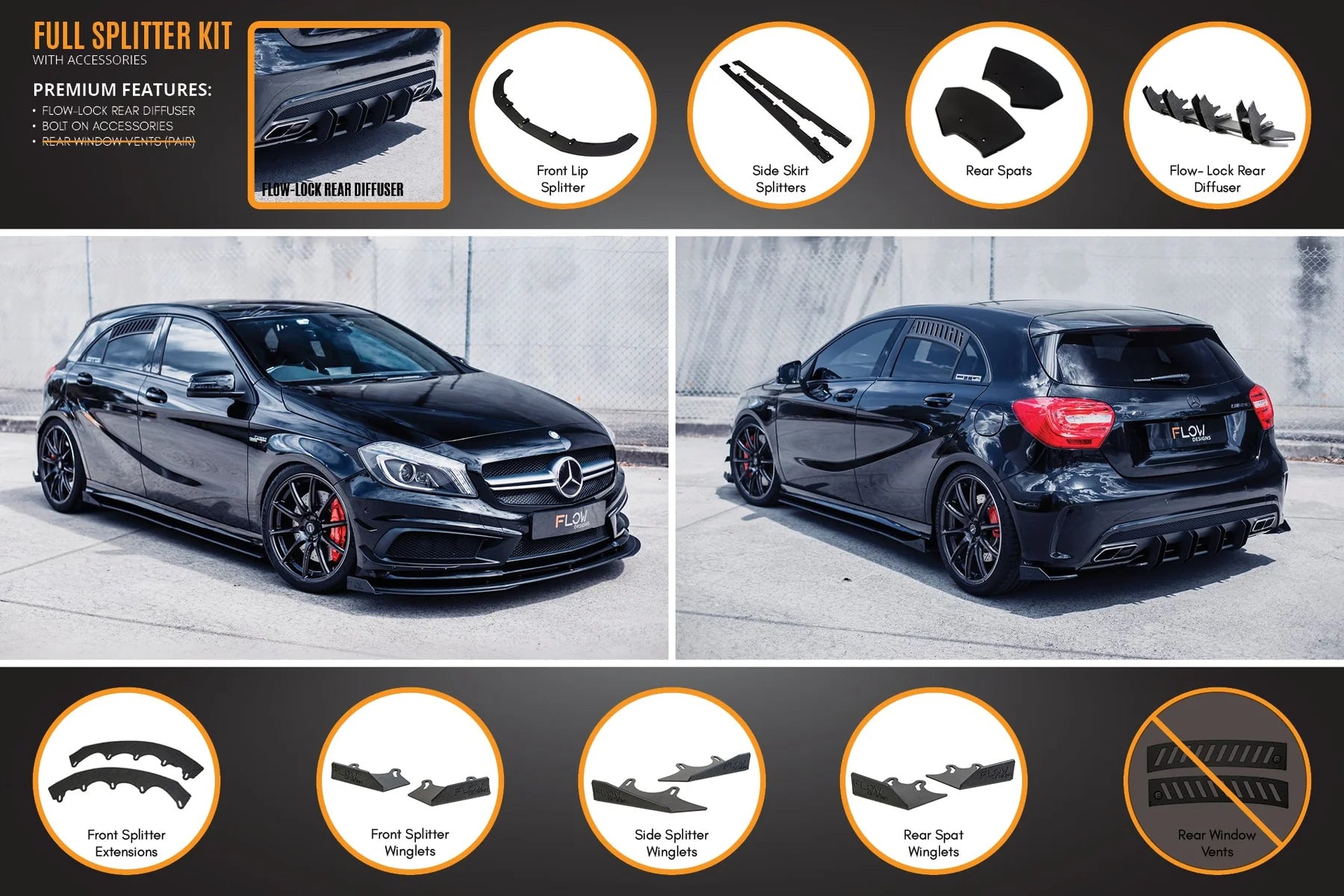 Flow Designs Full Splitter Set - W176 A45 AMG (Pre-Face Lift)