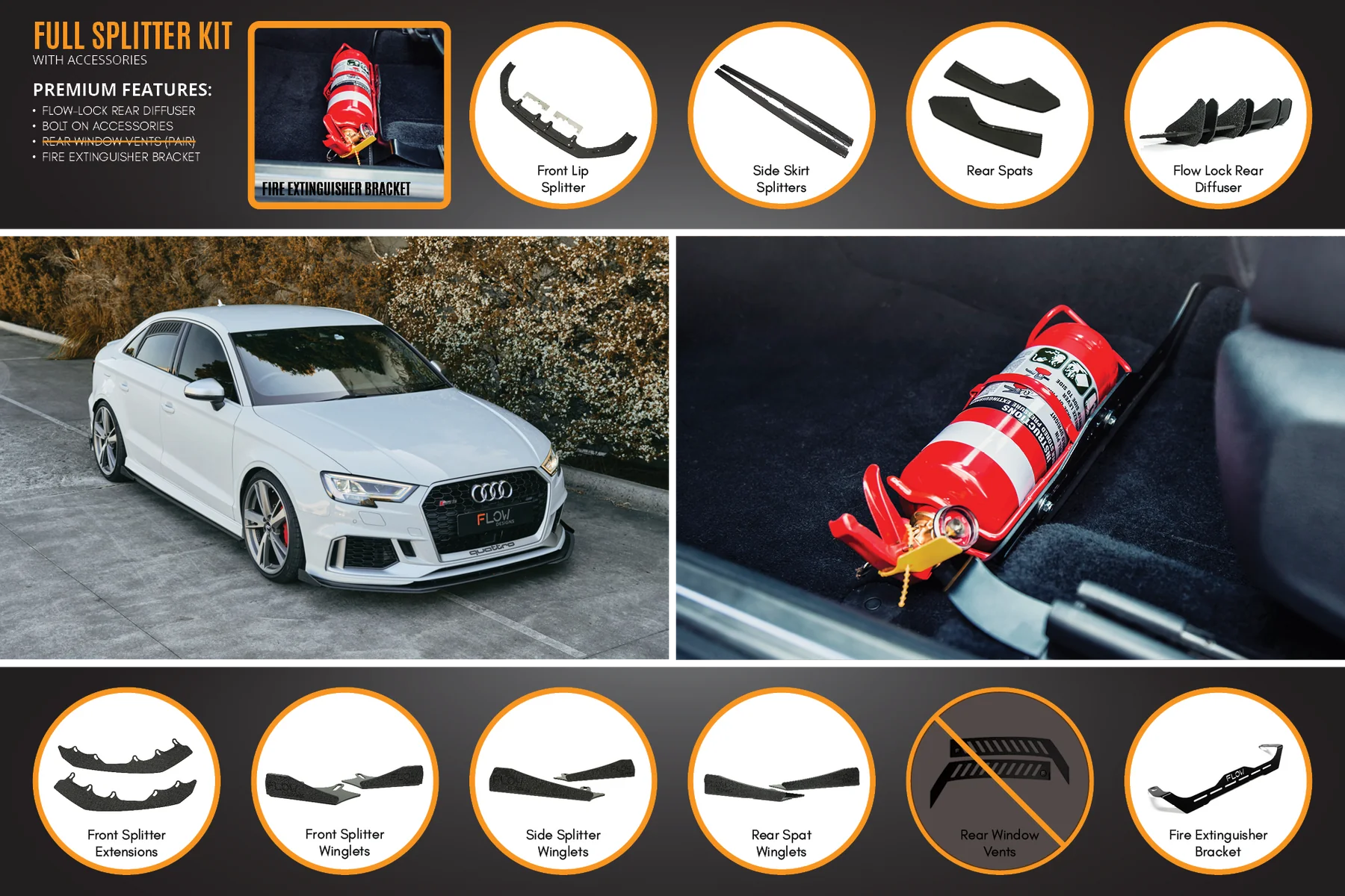 Flow Designs Full Splitter Set - 8V.5 RS3 Sedan (Face Lift)