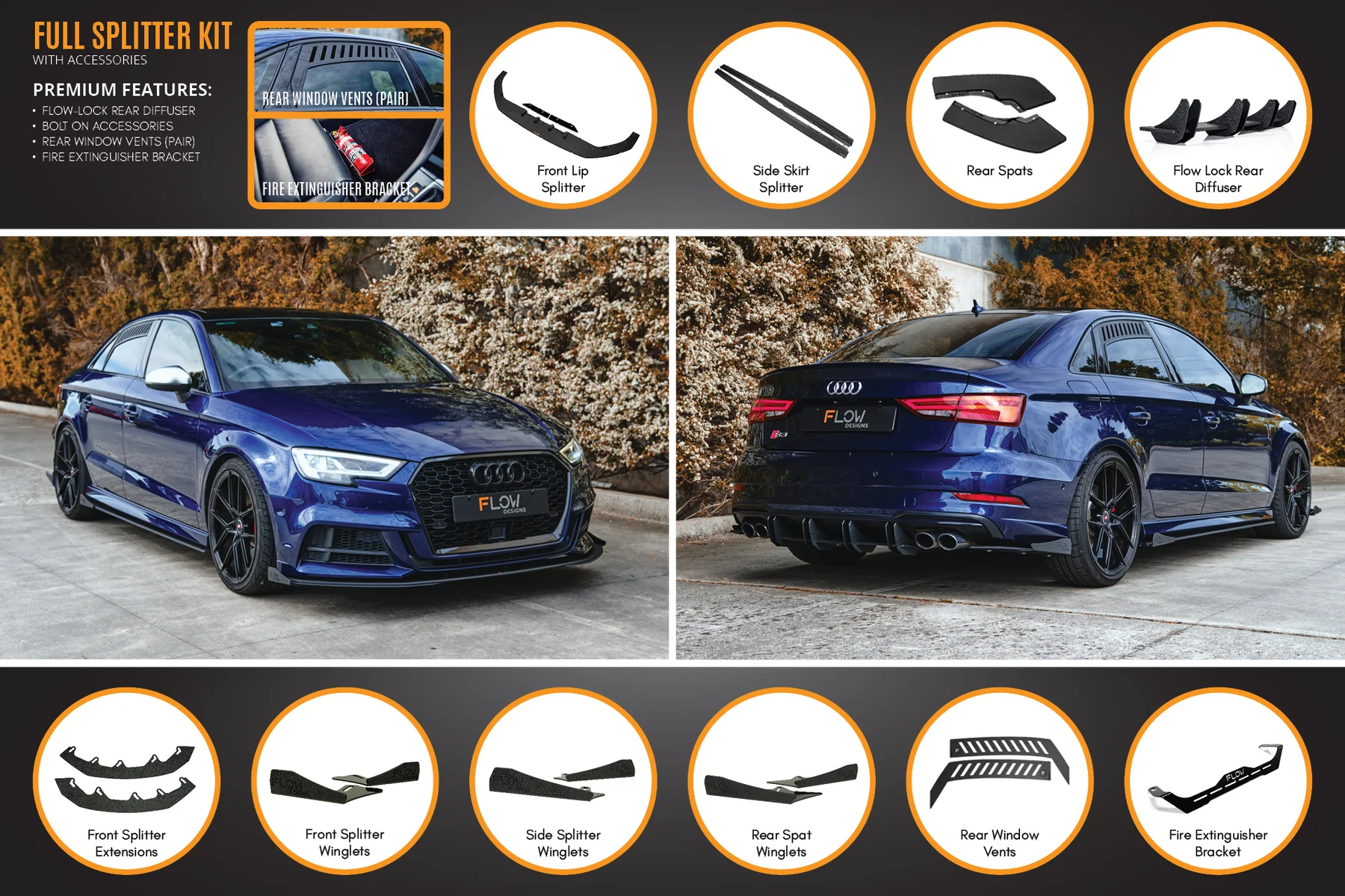 Flow Designs Full Splitter Set - 8V.5 S3 Sedan (Face Lift)