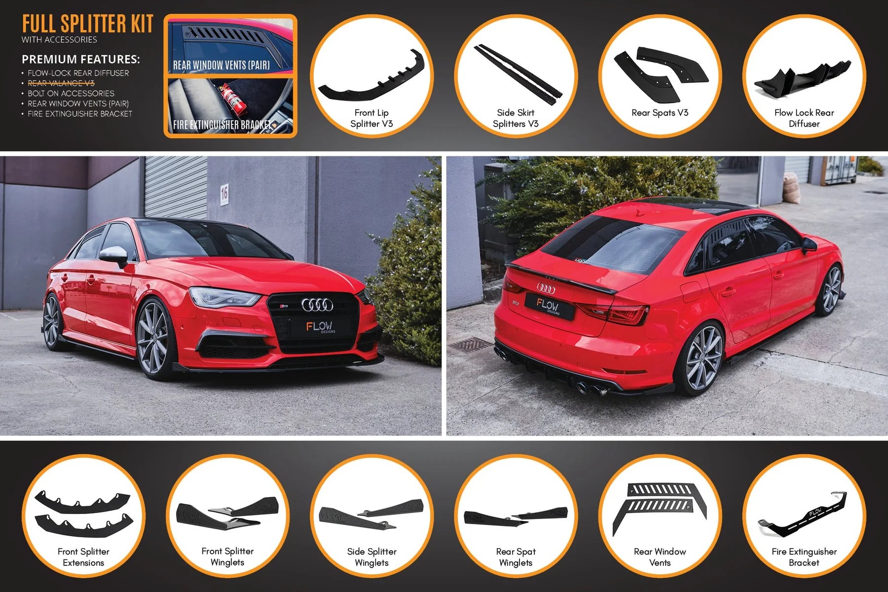 Flow Designs Full Splitter Set - 8V S3 Sedan (Pre-Face Lift)