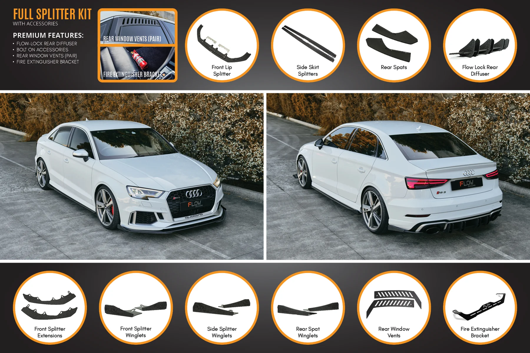 Flow Designs Full Splitter Set - 8V.5 RS3 Sedan (Face Lift)