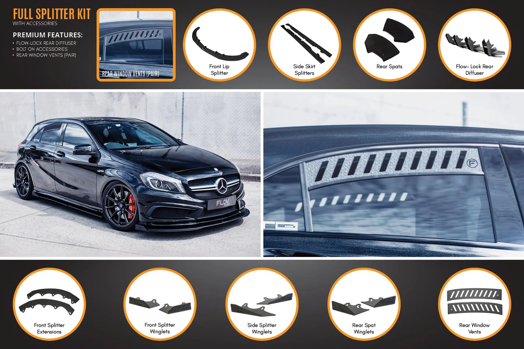 Flow Designs Full Splitter Set - W176 A45 AMG (Pre-Face Lift)
