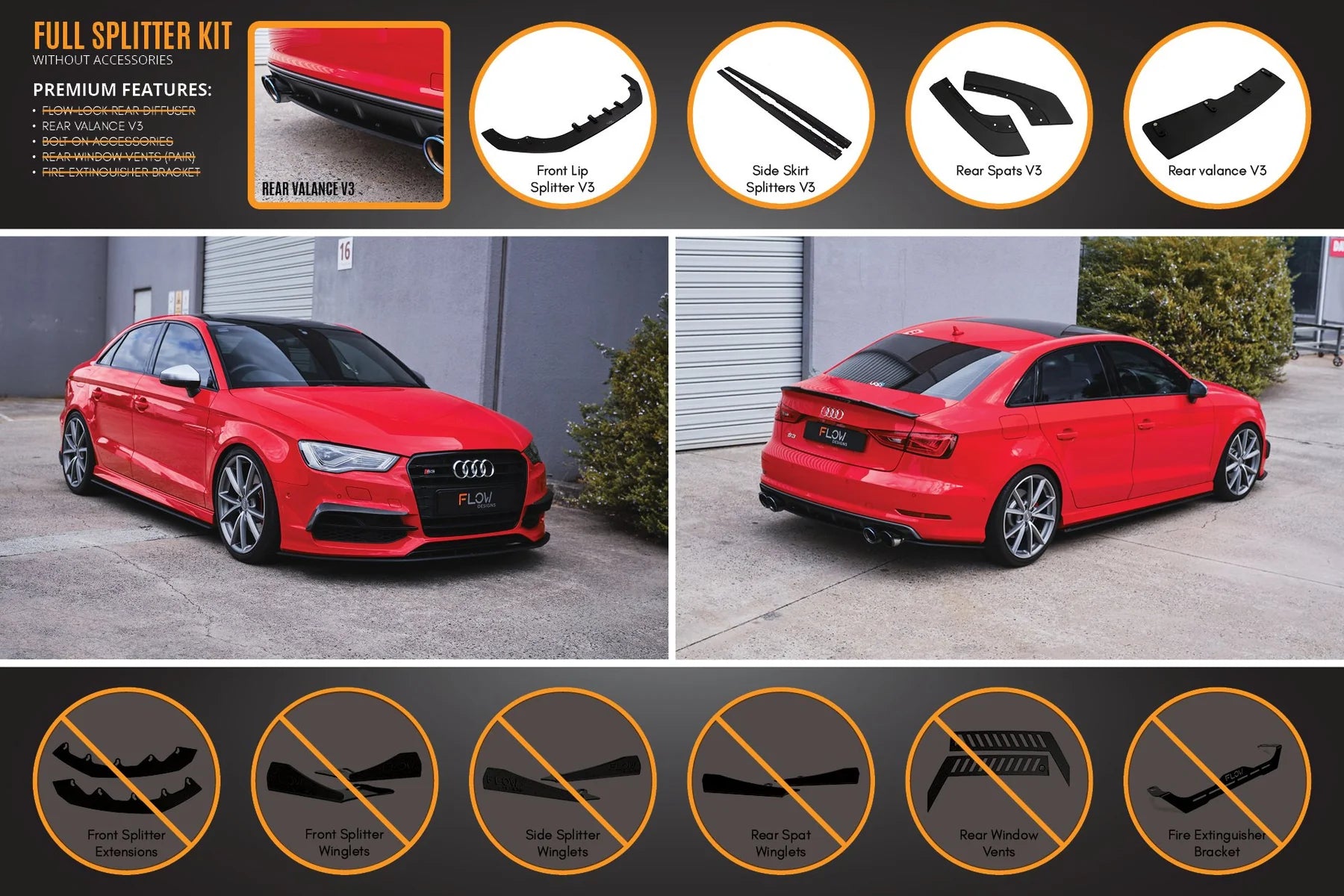 Flow Designs Full Splitter Set - 8V S3 Sedan (Pre-Face Lift)