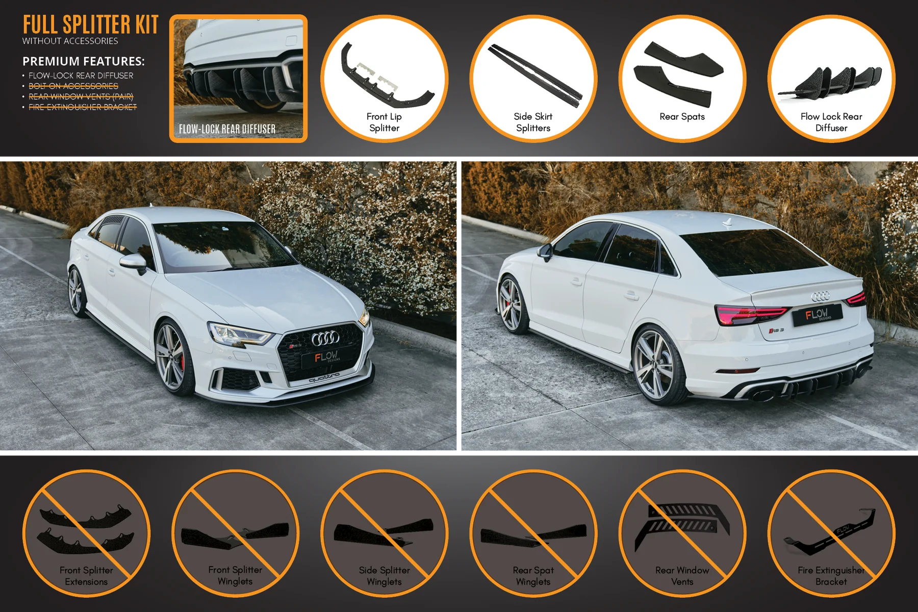 Flow Designs Full Splitter Set - 8V.5 RS3 Sedan (Face Lift)