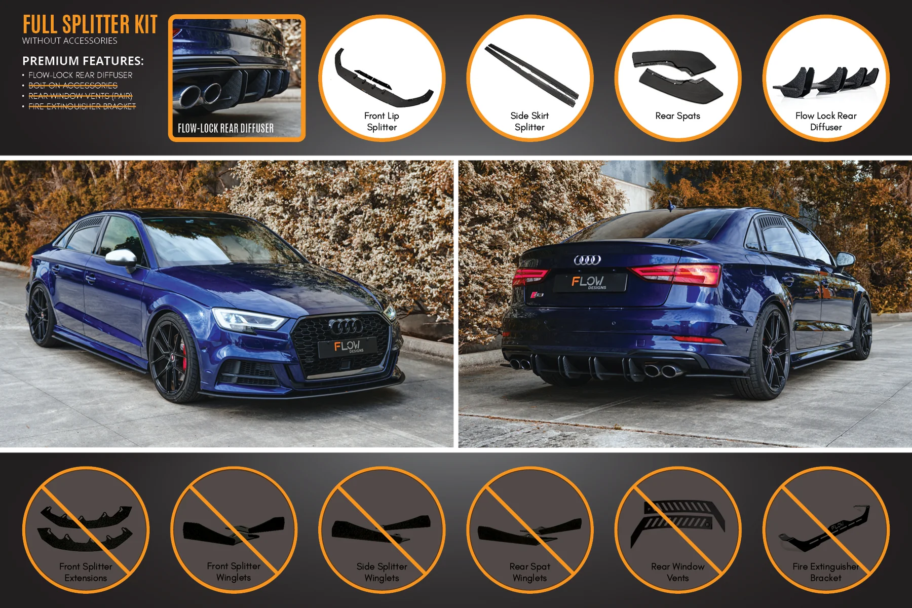 Flow Designs Full Splitter Set - 8V.5 S3 Sedan (Face Lift)