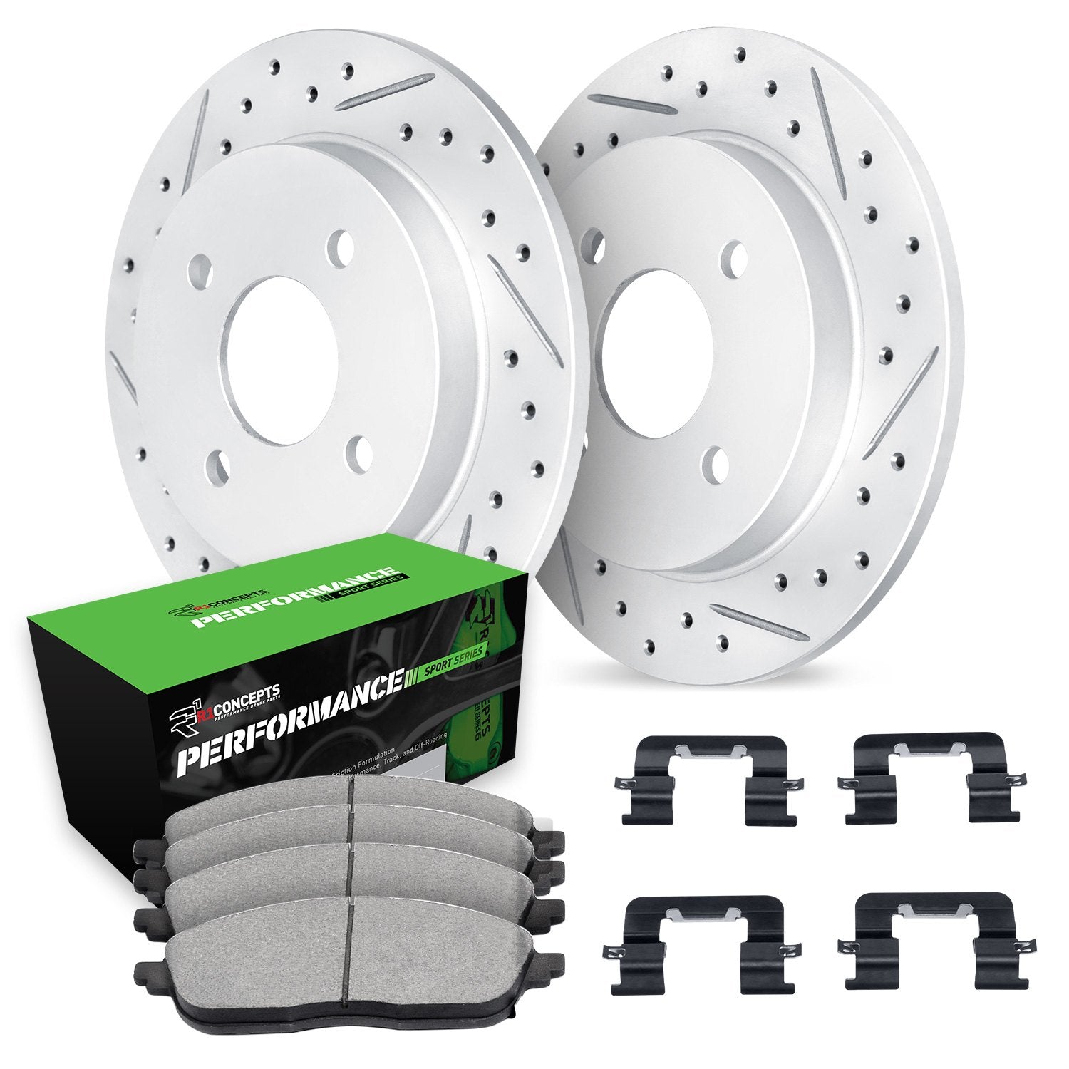 R1 Concepts DFC 11-16 BMW 528i xDrive Rear Drilled & Slotted Geoperformance Rotors & Active Perf Pads w/Hardware