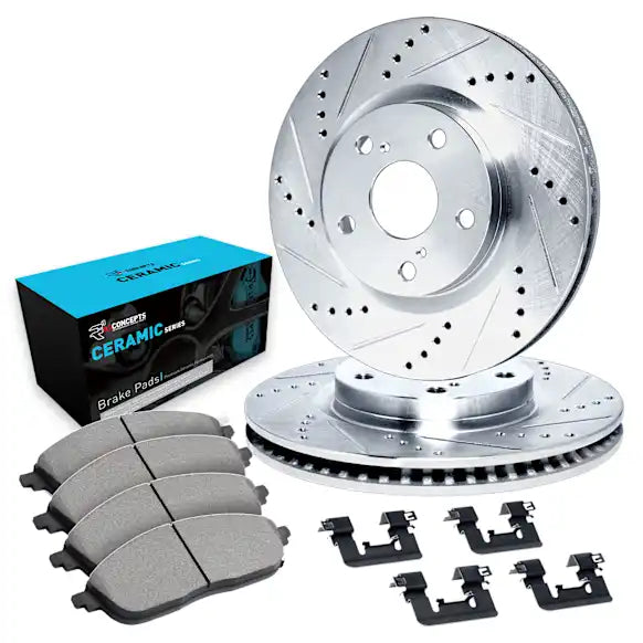 R1 Concepts 10-16 Audi A3 Front & Rear Drilled & Slotted Silver Brake Rotor Set w/Ceramic Pads and Hardware