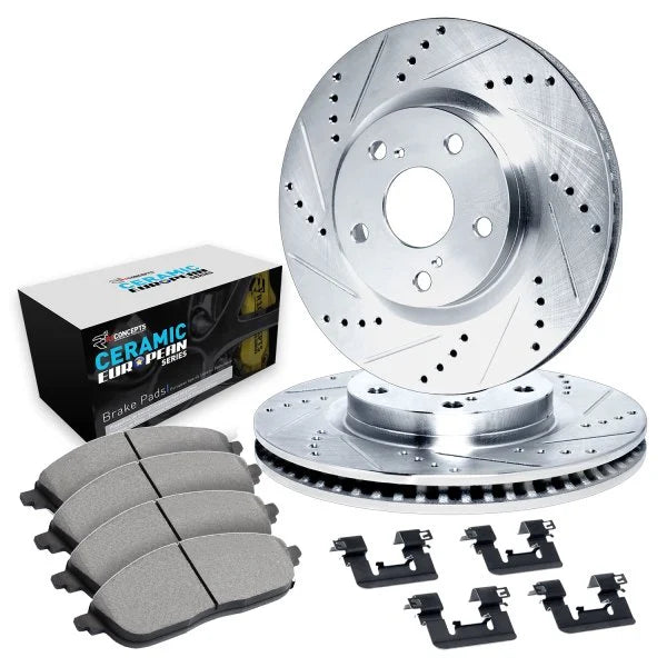 R1 Concepts 18-25 Volkswagen Atlas Cross Sport Front & Rear Drill/Slot Silver Rotors w/Euro Ceramic Pads