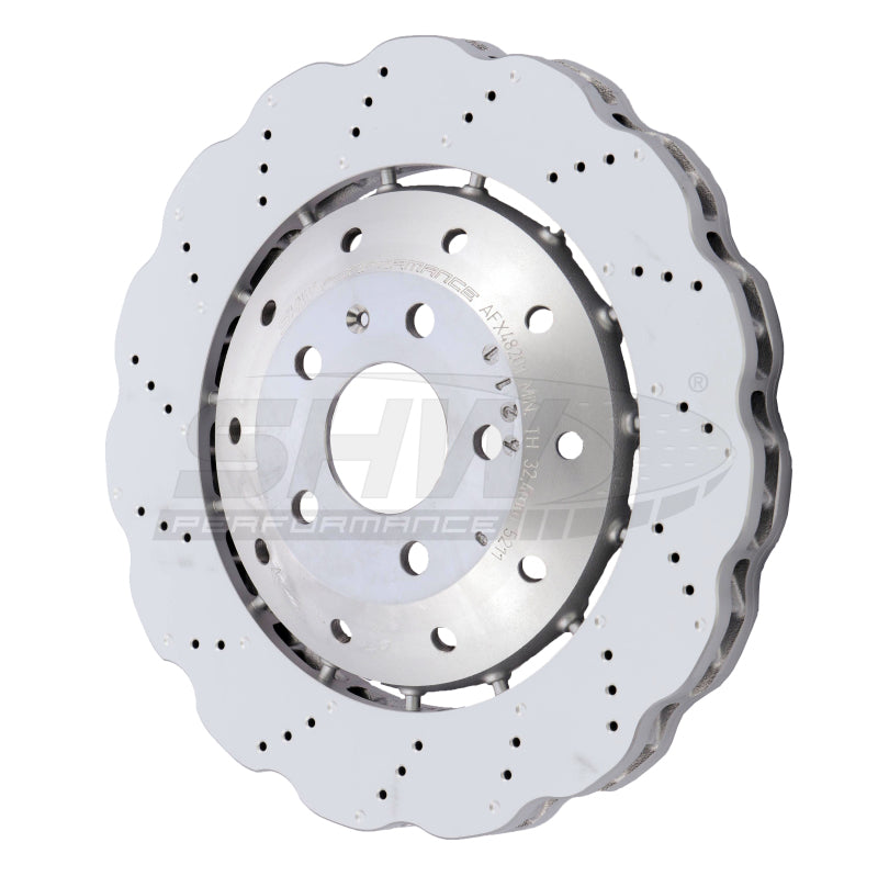 SHW Performance 14-20 Audi R8 5.2L (Excl Ceramic Brake) Front Drilled-Dimpled LW Wavy Brake Rotor (4S0615301B)