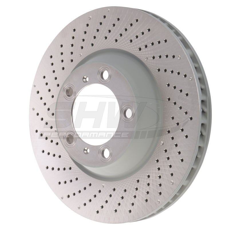 SHW Performance 09-13 Porsche 911 Turbo w/Center Lock w/o Ceramics Left Frt Drill-Dimp MB Rotor (99735140502)
